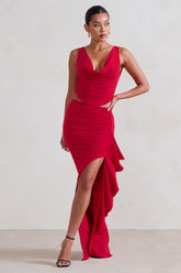 Red Ruffle Maxi Skirt With Thigh Split